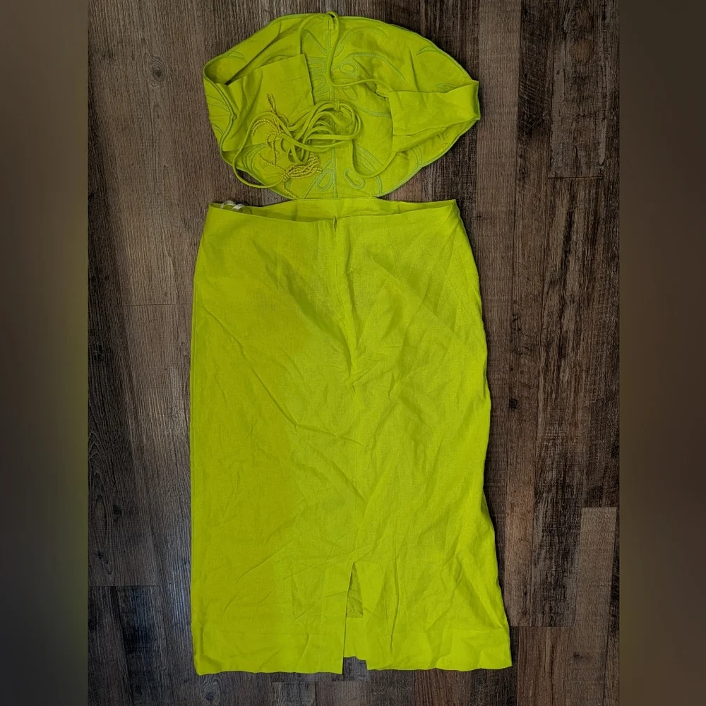 NWT Farm Rio Lime Green Monstera Midi Linen Viscose Blend Dress Size Medium - Picture 3 of 14